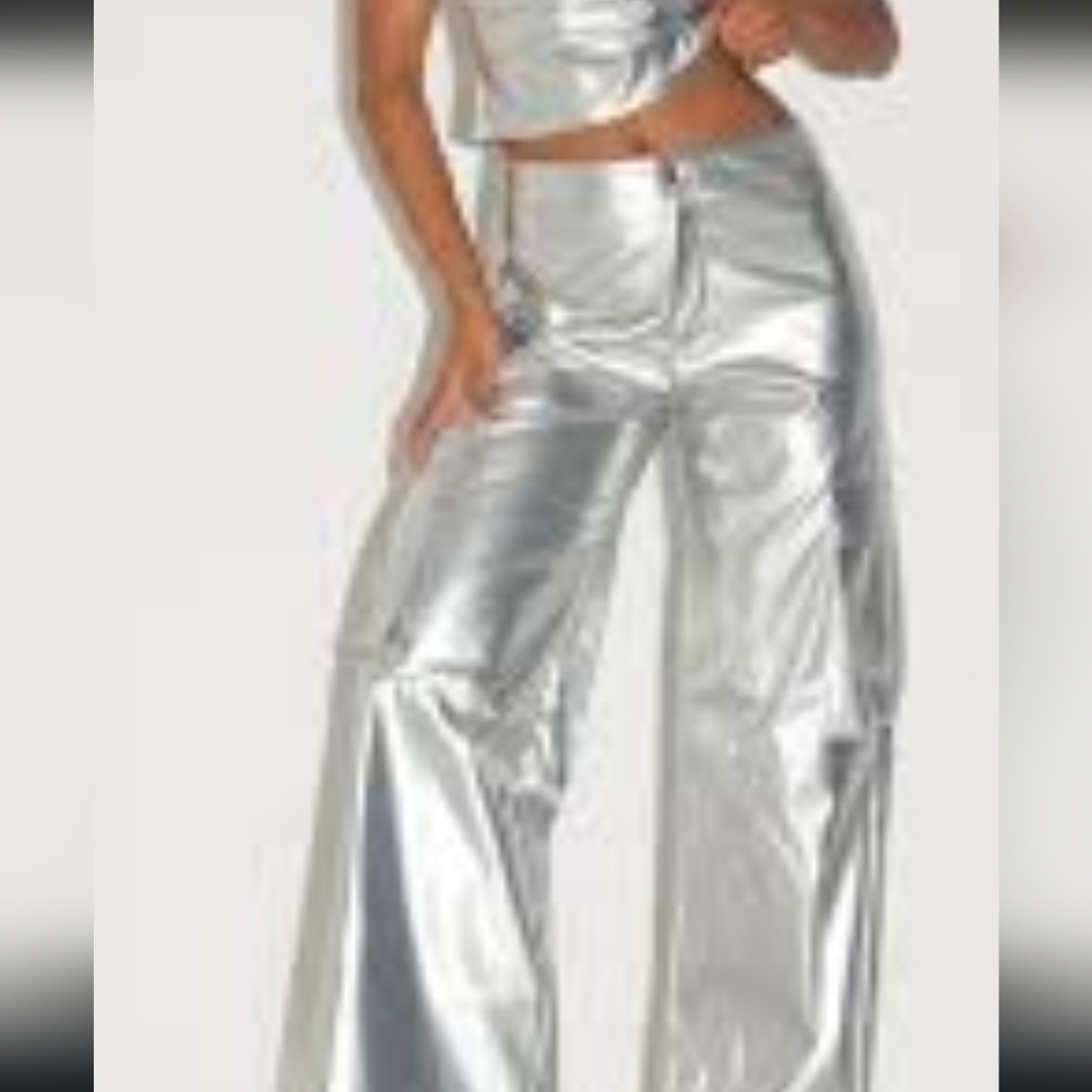 NWT PLUS sliver metallic coated straight leg trousers size 18 Mob Wife